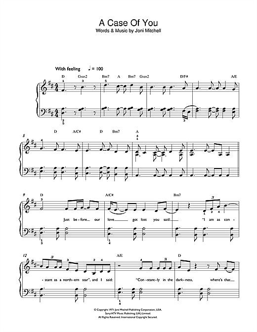 Preview Joni Mitchell A Case Of You Pop sheet music, notes and chords for Beginner Piano, SKU: 42220 sheet music, piano notes, chords, guitar tabs, score, transpose, transcribe, how to play, guide, download, learn, tutorial, progression, song, artist, awards, billboard, mtv, vh1, tour, single, album, release