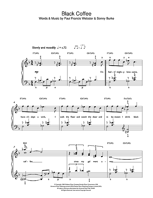 Preview Ella Fitzgerald Black Coffee Jazz sheet music, notes and chords for Easy Piano, SKU: 42222 sheet music, piano notes, chords, guitar tabs, score, transpose, transcribe, how to play, guide, download, learn, tutorial, progression, song, artist, awards, billboard, mtv, vh1, tour, single, album, release