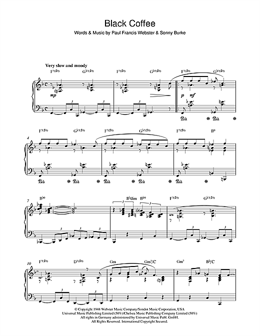 Preview Sarah Vaughan Black Coffee Jazz sheet music, notes and chords for Piano, SKU: 42229 sheet music, piano notes, chords, guitar tabs, score, transpose, transcribe, how to play, guide, download, learn, tutorial, progression, song, artist, awards, billboard, mtv, vh1, tour, single, album, release
