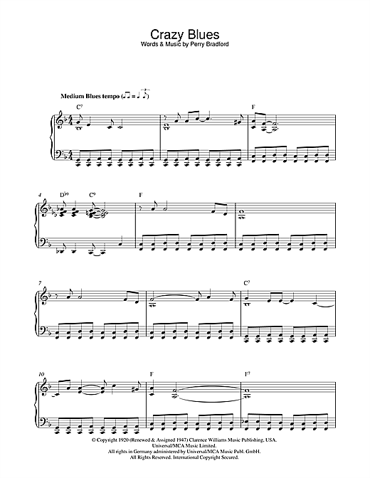 Preview Perry Bradford Crazy Blues Blues sheet music, notes and chords for Piano, SKU: 42230 sheet music, piano notes, chords, guitar tabs, score, transpose, transcribe, how to play, guide, download, learn, tutorial, progression, song, artist, awards, billboard, mtv, vh1, tour, single, album, release