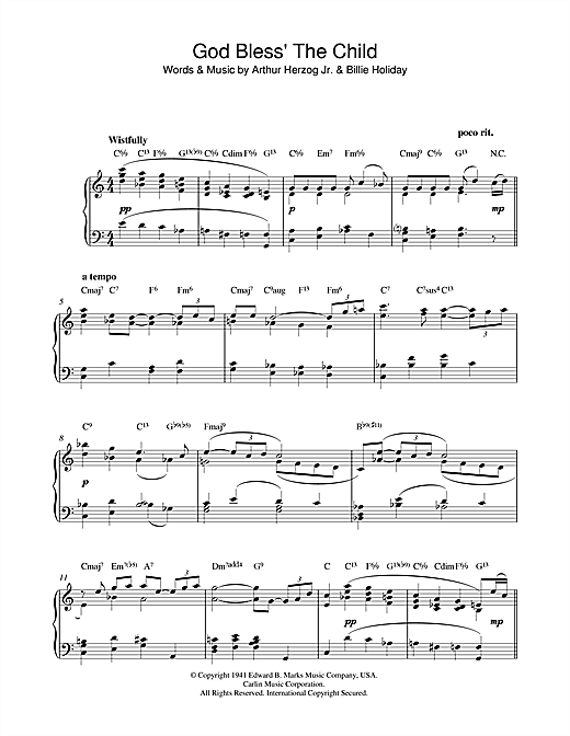 Preview Billie Holiday God Bless' The Child Blues sheet music, notes and chords for Piano, SKU: 42233 sheet music, piano notes, chords, guitar tabs, score, transpose, transcribe, how to play, guide, download, learn, tutorial, progression, song, artist, awards, billboard, mtv, vh1, tour, single, album, release