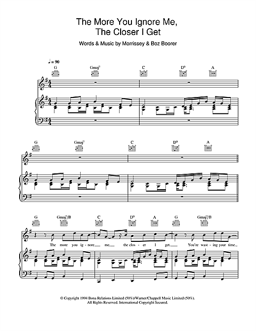 Preview Morrissey The More You Ignore Me, The Closer I Get Rock sheet music, notes and chords for Piano, Vocal & Guitar, SKU: 42235 sheet music, piano notes, chords, guitar tabs, score, transpose, transcribe, how to play, guide, download, learn, tutorial, progression, song, artist, awards, billboard, mtv, vh1, tour, single, album, release
