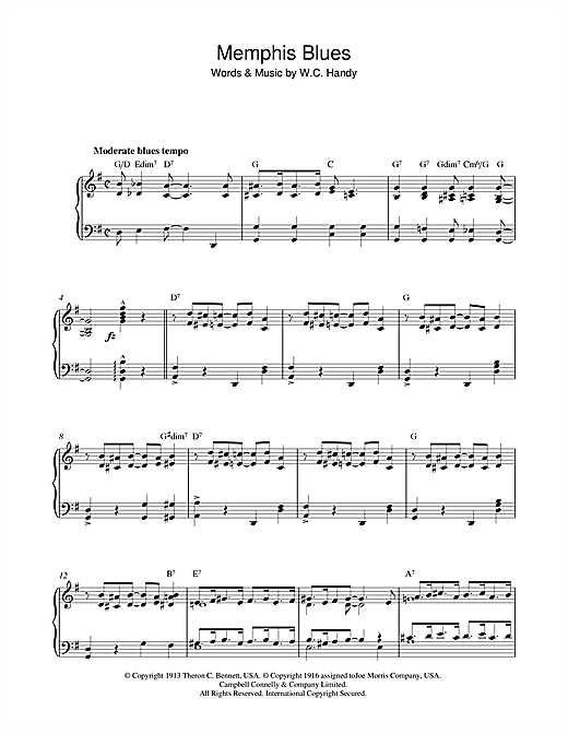 Preview W.C. Handy Memphis Blues Blues sheet music, notes and chords for Piano, SKU: 42241 sheet music, piano notes, chords, guitar tabs, score, transpose, transcribe, how to play, guide, download, learn, tutorial, progression, song, artist, awards, billboard, mtv, vh1, tour, single, album, release