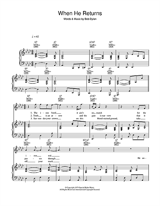Preview Bob Dylan When He Returns Rock sheet music, notes and chords for Piano, Vocal & Guitar, SKU: 42252 sheet music, piano notes, chords, guitar tabs, score, transpose, transcribe, how to play, guide, download, learn, tutorial, progression, song, artist, awards, billboard, mtv, vh1, tour, single, album, release