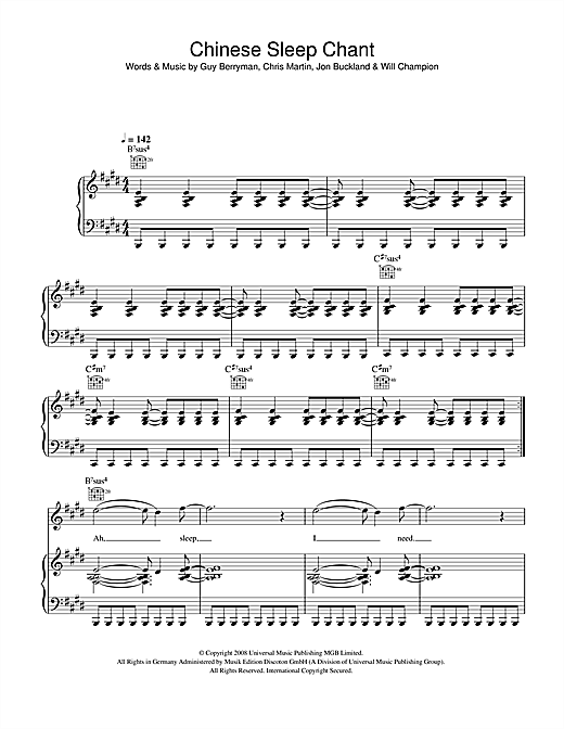 Preview Coldplay Chinese Sleep Chant Rock sheet music, notes and chords for Piano, Vocal & Guitar (Right-Hand Melody), SKU: 42260 sheet music, piano notes, chords, guitar tabs, score, transpose, transcribe, how to play, guide, download, learn, tutorial, progression, song, artist, awards, billboard, mtv, vh1, tour, single, album, release