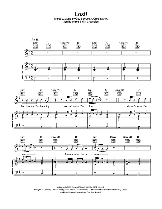 Preview Coldplay Lost! Rock sheet music, notes and chords for Piano, Vocal & Guitar (Right-Hand Melody), SKU: 42262 sheet music, piano notes, chords, guitar tabs, score, transpose, transcribe, how to play, guide, download, learn, tutorial, progression, song, artist, awards, billboard, mtv, vh1, tour, single, album, release
