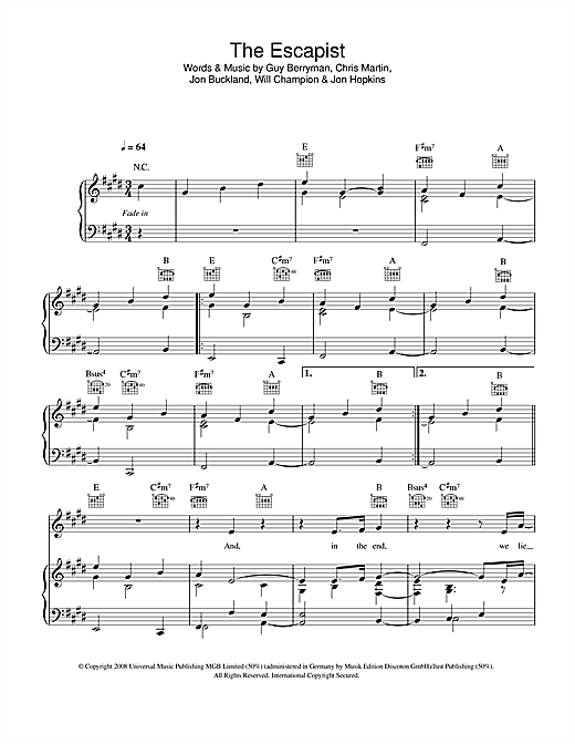 Preview Coldplay The Escapist Rock sheet music, notes and chords for Piano, Vocal & Guitar (Right-Hand Melody), SKU: 42263 sheet music, piano notes, chords, guitar tabs, score, transpose, transcribe, how to play, guide, download, learn, tutorial, progression, song, artist, awards, billboard, mtv, vh1, tour, single, album, release