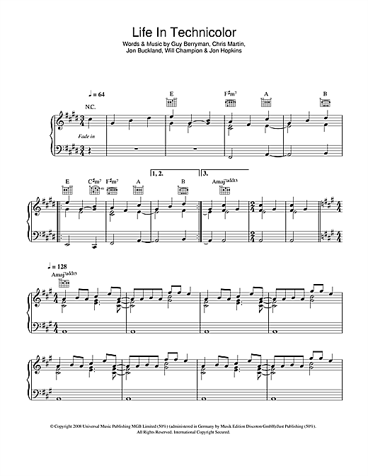 Preview Coldplay Life In Technicolor Rock sheet music, notes and chords for Piano, Vocal & Guitar, SKU: 42264 sheet music, piano notes, chords, guitar tabs, score, transpose, transcribe, how to play, guide, download, learn, tutorial, progression, song, artist, awards, billboard, mtv, vh1, tour, single, album, release