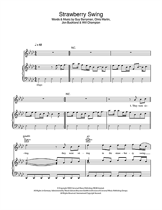 Preview Coldplay Strawberry Swing Rock sheet music, notes and chords for Piano, Vocal & Guitar (Right-Hand Melody), SKU: 42265 sheet music, piano notes, chords, guitar tabs, score, transpose, transcribe, how to play, guide, download, learn, tutorial, progression, song, artist, awards, billboard, mtv, vh1, tour, single, album, release