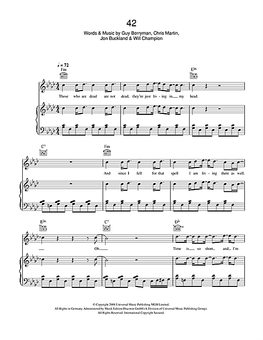 Preview Coldplay 42 Rock sheet music, notes and chords for Piano, Vocal & Guitar (Right-Hand Melody), SKU: 42268 sheet music, piano notes, chords, guitar tabs, score, transpose, transcribe, how to play, guide, download, learn, tutorial, progression, song, artist, awards, billboard, mtv, vh1, tour, single, album, release