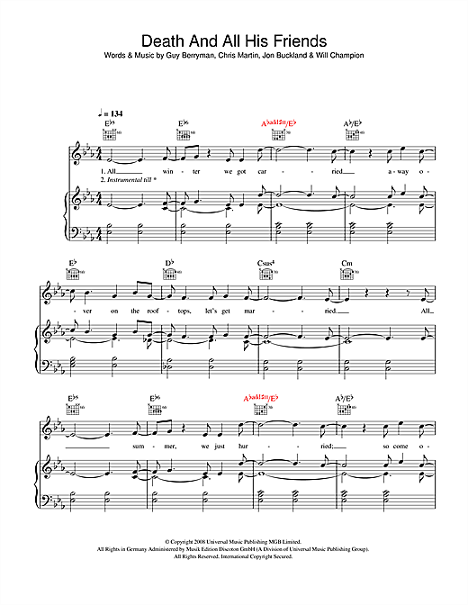 Preview Coldplay Death And All His Friends Rock sheet music, notes and chords for Piano, Vocal & Guitar (Right-Hand Melody), SKU: 42269 sheet music, piano notes, chords, guitar tabs, score, transpose, transcribe, how to play, guide, download, learn, tutorial, progression, song, artist, awards, billboard, mtv, vh1, tour, single, album, release