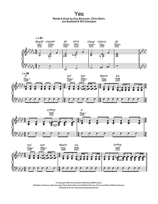 Preview Coldplay Yes Rock sheet music, notes and chords for Piano, Vocal & Guitar (Right-Hand Melody), SKU: 42270 sheet music, piano notes, chords, guitar tabs, score, transpose, transcribe, how to play, guide, download, learn, tutorial, progression, song, artist, awards, billboard, mtv, vh1, tour, single, album, release