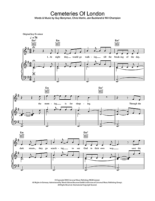 Preview Coldplay Cemeteries Of London Rock sheet music, notes and chords for Piano, Vocal & Guitar (Right-Hand Melody), SKU: 42272 sheet music, piano notes, chords, guitar tabs, score, transpose, transcribe, how to play, guide, download, learn, tutorial, progression, song, artist, awards, billboard, mtv, vh1, tour, single, album, release