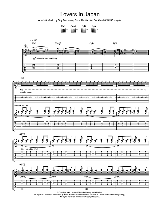 Preview Coldplay Lovers In Japan Rock sheet music, notes and chords for Guitar Tab, SKU: 42273 sheet music, piano notes, chords, guitar tabs, score, transpose, transcribe, how to play, guide, download, learn, tutorial, progression, song, artist, awards, billboard, mtv, vh1, tour, single, album, release