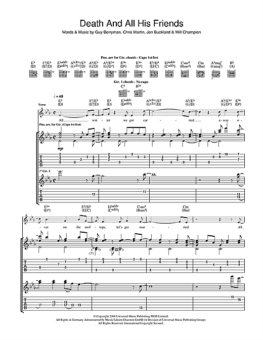 Preview Coldplay Death And All His Friends Rock sheet music, notes and chords for Guitar Tab, SKU: 42274 sheet music, piano notes, chords, guitar tabs, score, transpose, transcribe, how to play, guide, download, learn, tutorial, progression, song, artist, awards, billboard, mtv, vh1, tour, single, album, release