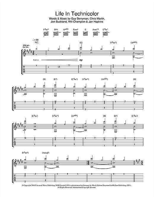Preview Coldplay Life In Technicolor Rock sheet music, notes and chords for Guitar Tab, SKU: 42282 sheet music, piano notes, chords, guitar tabs, score, transpose, transcribe, how to play, guide, download, learn, tutorial, progression, song, artist, awards, billboard, mtv, vh1, tour, single, album, release