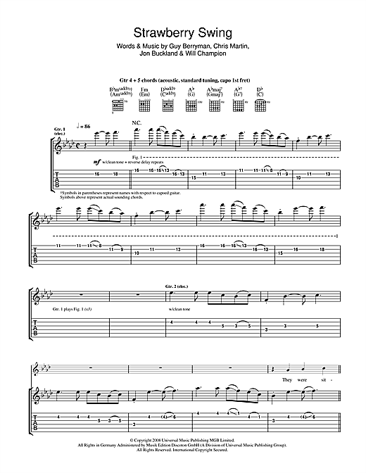 Preview Coldplay Strawberry Swing Rock sheet music, notes and chords for Guitar Tab, SKU: 42283 sheet music, piano notes, chords, guitar tabs, score, transpose, transcribe, how to play, guide, download, learn, tutorial, progression, song, artist, awards, billboard, mtv, vh1, tour, single, album, release