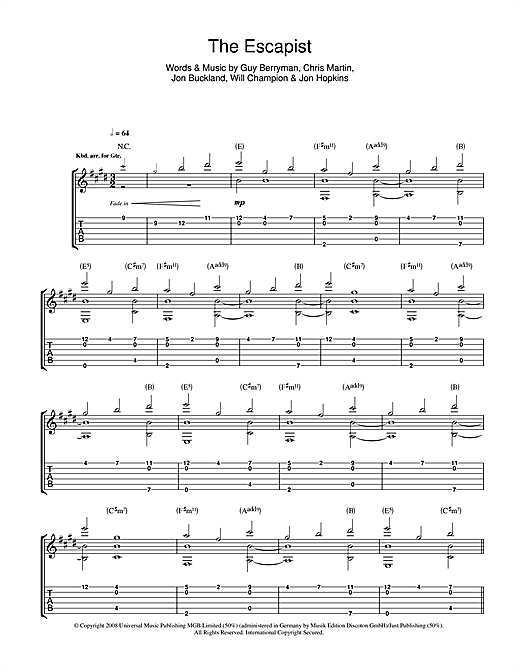 Preview Coldplay The Escapist Rock sheet music, notes and chords for Guitar Tab, SKU: 42284 sheet music, piano notes, chords, guitar tabs, score, transpose, transcribe, how to play, guide, download, learn, tutorial, progression, song, artist, awards, billboard, mtv, vh1, tour, single, album, release