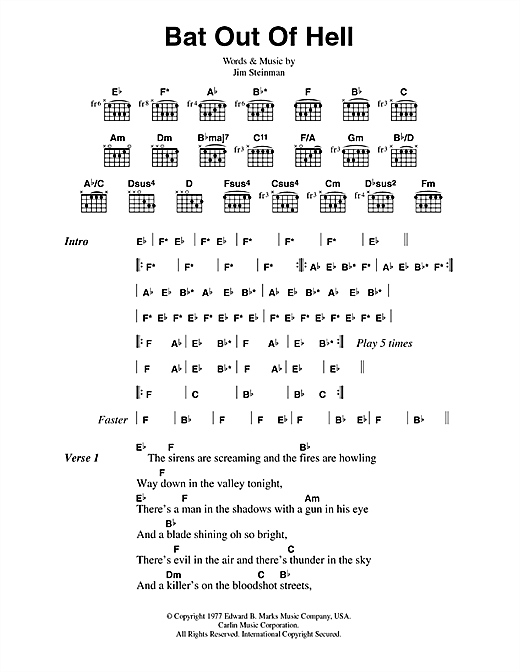 Preview Meat Loaf Bat Out Of Hell Rock sheet music, notes and chords for Lyrics & Chords, SKU: 42288 sheet music, piano notes, chords, guitar tabs, score, transpose, transcribe, how to play, guide, download, learn, tutorial, progression, song, artist, awards, billboard, mtv, vh1, tour, single, album, release