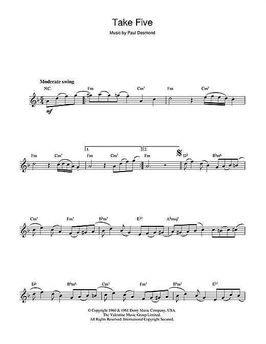 Preview Dave Brubeck Take Five Jazz sheet music, notes and chords for Alto Saxophone, SKU: 44149 sheet music, piano notes, chords, guitar tabs, score, transpose, transcribe, how to play, guide, download, learn, tutorial, progression, song, artist, awards, billboard, mtv, vh1, tour, single, album, release