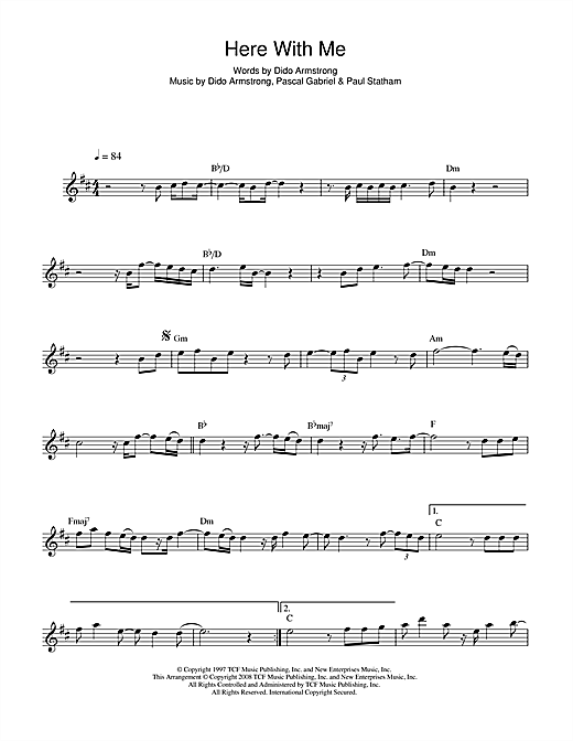 Preview Dido Here With Me Pop sheet music, notes and chords for Saxophone, SKU: 44380 sheet music, piano notes, chords, guitar tabs, score, transpose, transcribe, how to play, guide, download, learn, tutorial, progression, song, artist, awards, billboard, mtv, vh1, tour, single, album, release