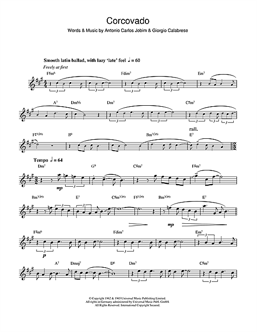 Preview Antonio Carlos Jobim Corcovado (Quiet Nights Of Quiet Stars) Jazz sheet music, notes and chords for Saxophone, SKU: 44857 sheet music, piano notes, chords, guitar tabs, score, transpose, transcribe, how to play, guide, download, learn, tutorial, progression, song, artist, awards, billboard, mtv, vh1, tour, single, album, release