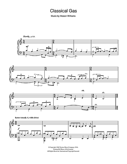 Preview Mason Williams Classical Gas Easy Listening sheet music, notes and chords for Piano, SKU: 45115 sheet music, piano notes, chords, guitar tabs, score, transpose, transcribe, how to play, guide, download, learn, tutorial, progression, song, artist, awards, billboard, mtv, vh1, tour, single, album, release