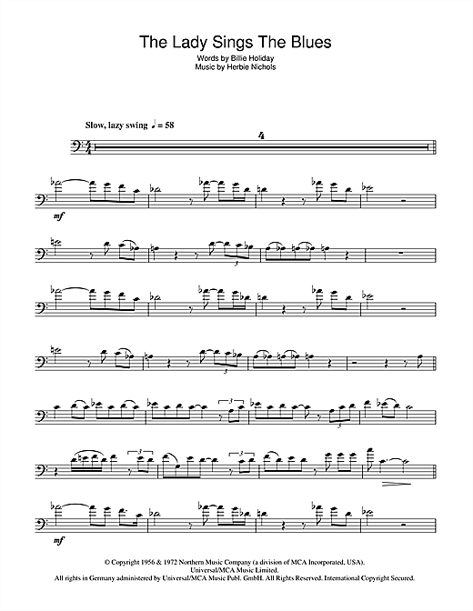 Preview Billie Holiday The Lady Sings The Blues Blues sheet music, notes and chords for Trombone, SKU: 46581 sheet music, piano notes, chords, guitar tabs, score, transpose, transcribe, how to play, guide, download, learn, tutorial, progression, song, artist, awards, billboard, mtv, vh1, tour, single, album, release