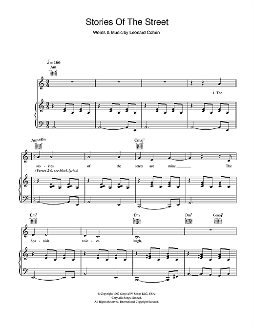 Preview Leonard Cohen Stories Of The Street Rock sheet music, notes and chords for Piano, Vocal & Guitar, SKU: 46805 sheet music, piano notes, chords, guitar tabs, score, transpose, transcribe, how to play, guide, download, learn, tutorial, progression, song, artist, awards, billboard, mtv, vh1, tour, single, album, release