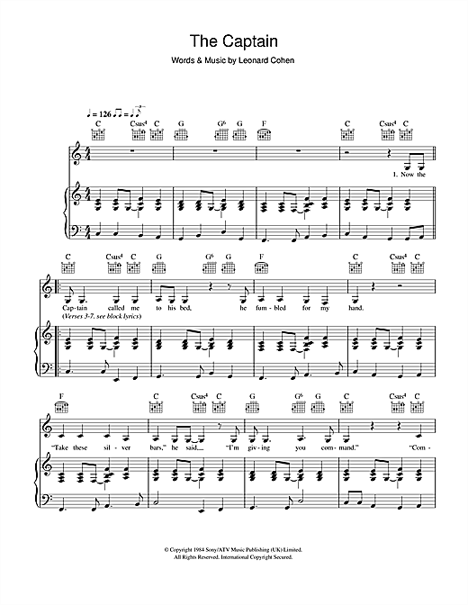 Preview Leonard Cohen The Captain Rock sheet music, notes and chords for Piano, Vocal & Guitar, SKU: 46806 sheet music, piano notes, chords, guitar tabs, score, transpose, transcribe, how to play, guide, download, learn, tutorial, progression, song, artist, awards, billboard, mtv, vh1, tour, single, album, release