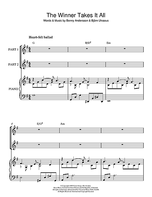 Preview ABBA The Winner Takes It All Pop sheet music, notes and chords for 2-Part Choir, SKU: 46897 sheet music, piano notes, chords, guitar tabs, score, transpose, transcribe, how to play, guide, download, learn, tutorial, progression, song, artist, awards, billboard, mtv, vh1, tour, single, album, release