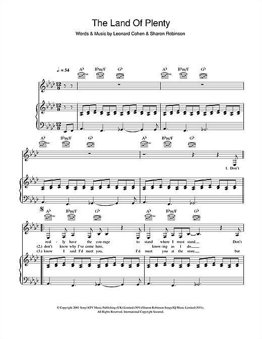 Preview Leonard Cohen The Land Of Plenty Rock sheet music, notes and chords for Piano, Vocal & Guitar, SKU: 46916 sheet music, piano notes, chords, guitar tabs, score, transpose, transcribe, how to play, guide, download, learn, tutorial, progression, song, artist, awards, billboard, mtv, vh1, tour, single, album, release