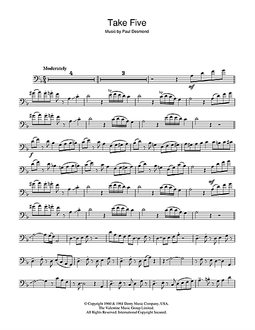 Preview Dave Brubeck Take Five Jazz sheet music, notes and chords for Trombone, SKU: 46979 sheet music, piano notes, chords, guitar tabs, score, transpose, transcribe, how to play, guide, download, learn, tutorial, progression, song, artist, awards, billboard, mtv, vh1, tour, single, album, release