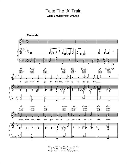 Preview Duke Ellington Take The 'A' Train Jazz sheet music, notes and chords for Piano, Vocal & Guitar (Right-Hand Melody), SKU: 47149 sheet music, piano notes, chords, guitar tabs, score, transpose, transcribe, how to play, guide, download, learn, tutorial, progression, song, artist, awards, billboard, mtv, vh1, tour, single, album, release