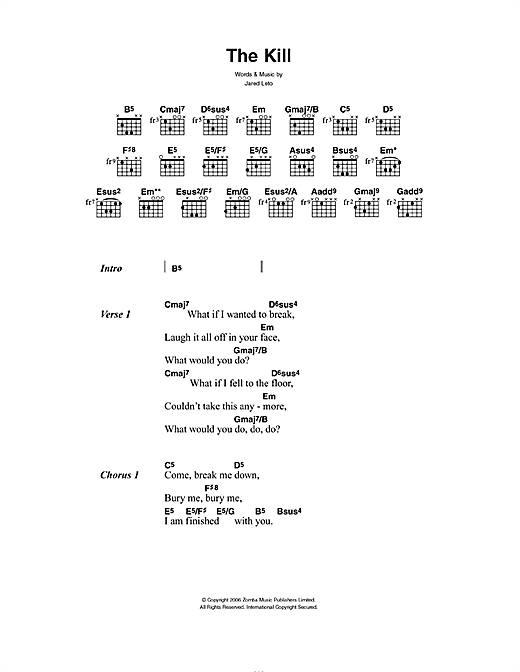 Preview 30 Seconds To Mars The Kill (Bury Me) Rock sheet music, notes and chords for Lyrics & Chords, SKU: 49147 sheet music, piano notes, chords, guitar tabs, score, transpose, transcribe, how to play, guide, download, learn, tutorial, progression, song, artist, awards, billboard, mtv, vh1, tour, single, album, release