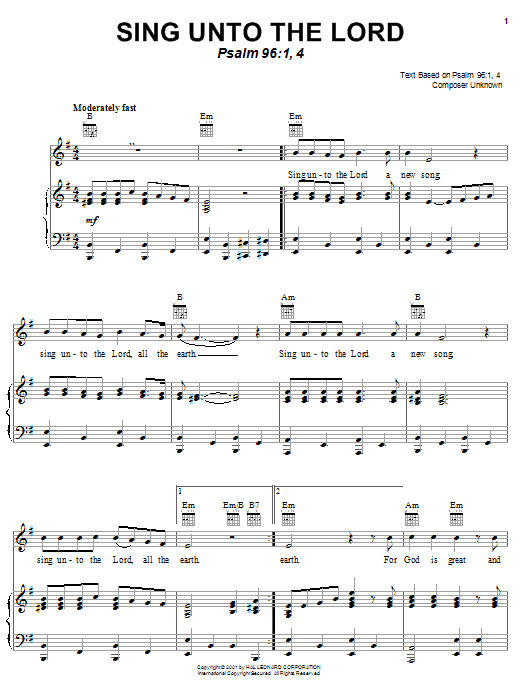 Learn to play Anonymous Sing Unto The Lord sheet music for Piano, Vocal & Guitar (Right-Hand Melody) in minutes. Anonymous Sing Unto The Lord sheet music notes and chords. Download Printable PDF.