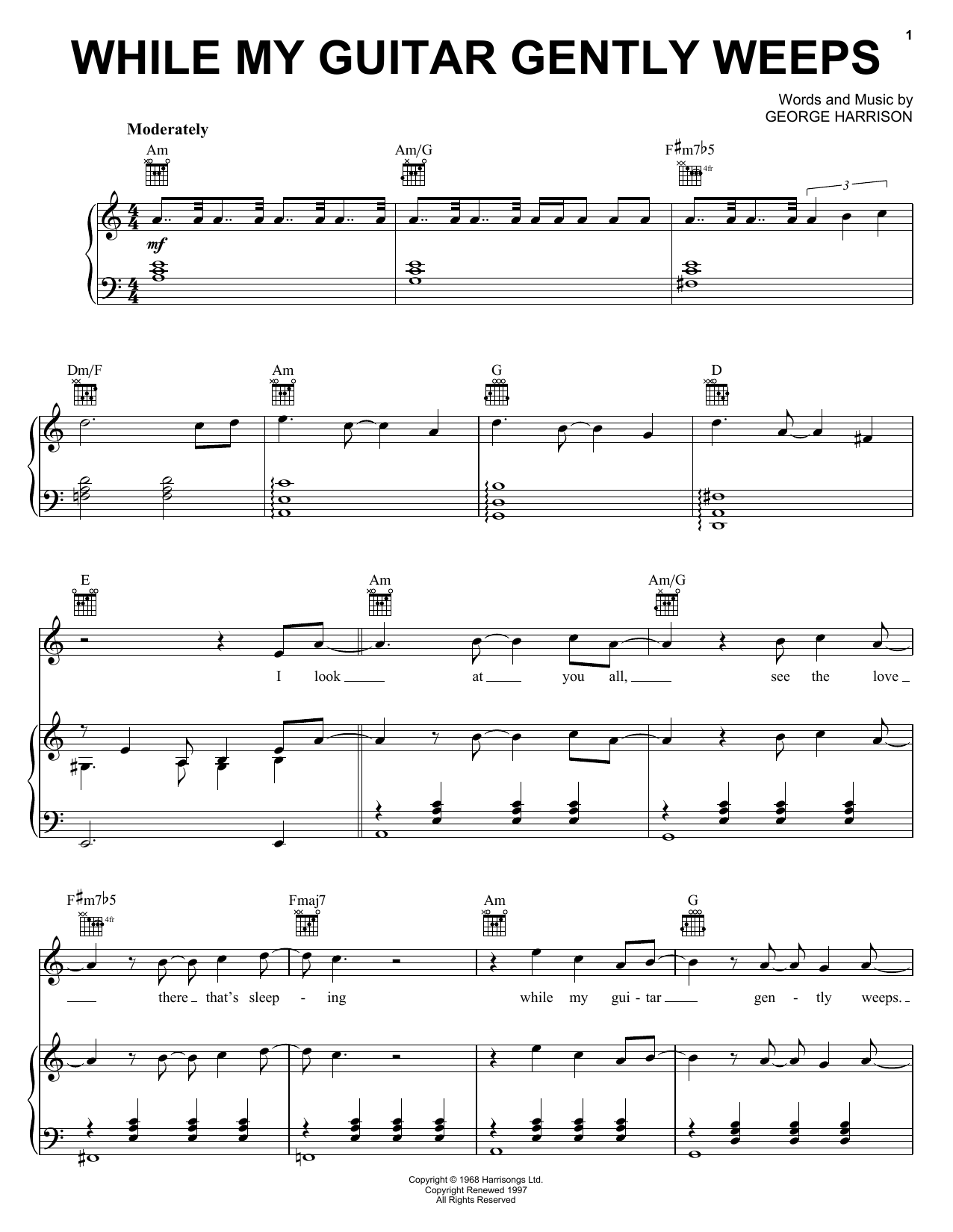 Preview The Beatles While My Guitar Gently Weeps Pop sheet music, notes and chords for Piano, Vocal & Guitar (Right-Hand Melody), SKU: 52728 sheet music, piano notes, chords, guitar tabs, score, transpose, transcribe, how to play, guide, download, learn, tutorial, progression, song, artist, awards, billboard, mtv, vh1, tour, single, album, release