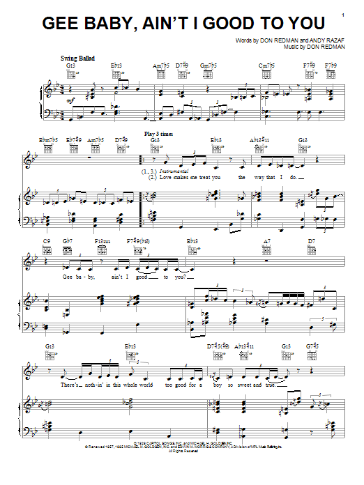 Preview Diana Krall Gee Baby, Ain't I Good To You Jazz sheet music, notes and chords for Piano, Vocal & Guitar (Right-Hand Melody), SKU: 53178 sheet music, piano notes, chords, guitar tabs, score, transpose, transcribe, how to play, guide, download, learn, tutorial, progression, song, artist, awards, billboard, mtv, vh1, tour, single, album, release