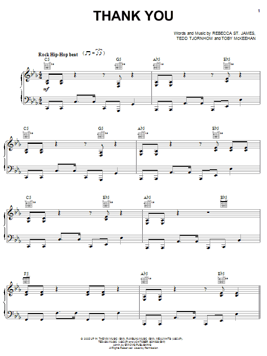 Preview Rebecca St. James Thank You Pop sheet music, notes and chords for Piano, Vocal & Guitar (Right-Hand Melody), SKU: 53771 sheet music, piano notes, chords, guitar tabs, score, transpose, transcribe, how to play, guide, download, learn, tutorial, progression, song, artist, awards, billboard, mtv, vh1, tour, single, album, release