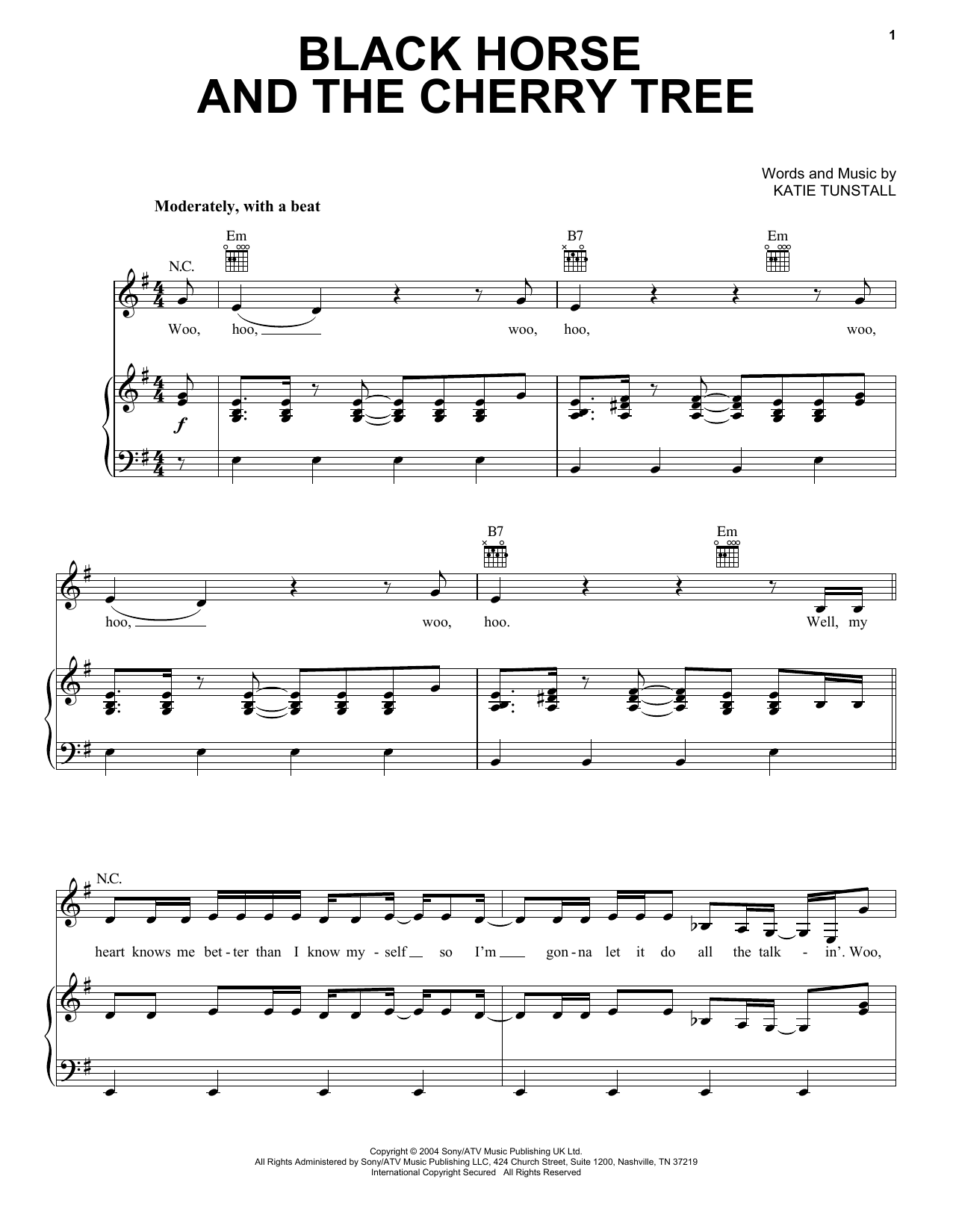 Preview KT Tunstall Black Horse And The Cherry Tree Pop sheet music, notes and chords for Piano, Vocal & Guitar (Right-Hand Melody), SKU: 55223 sheet music, piano notes, chords, guitar tabs, score, transpose, transcribe, how to play, guide, download, learn, tutorial, progression, song, artist, awards, billboard, mtv, vh1, tour, single, album, release