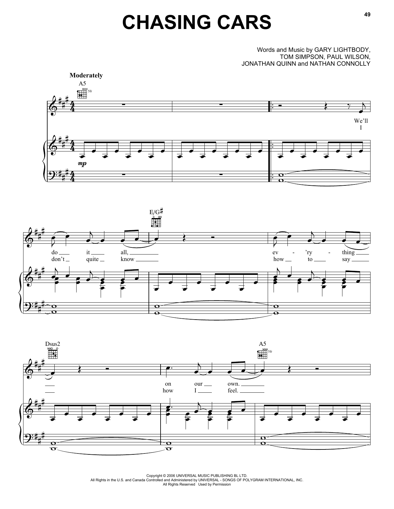 Preview Snow Patrol Chasing Cars Film/TV sheet music, notes and chords for Piano, Vocal & Guitar (Right-Hand Melody), SKU: 56435 sheet music, piano notes, chords, guitar tabs, score, transpose, transcribe, how to play, guide, download, learn, tutorial, progression, song, artist, awards, billboard, mtv, vh1, tour, single, album, release