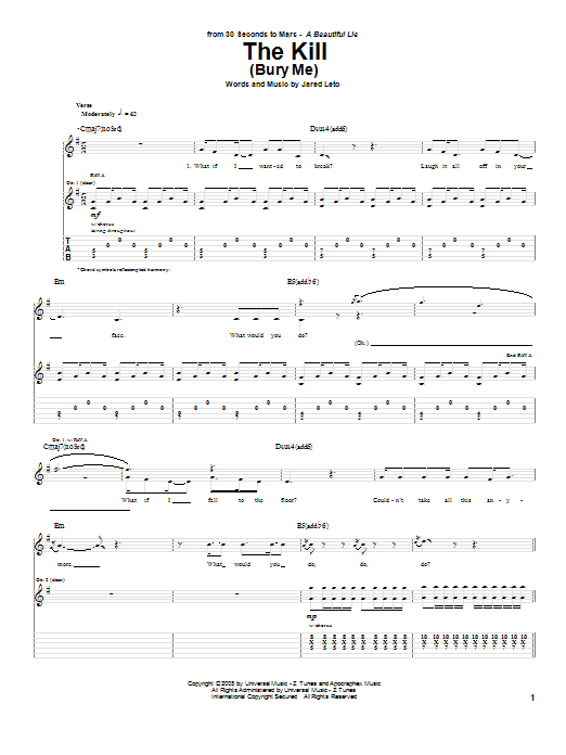 Preview 30 Seconds To Mars The Kill (Bury Me) Rock sheet music, notes and chords for Guitar Tab, SKU: 57991 sheet music, piano notes, chords, guitar tabs, score, transpose, transcribe, how to play, guide, download, learn, tutorial, progression, song, artist, awards, billboard, mtv, vh1, tour, single, album, release