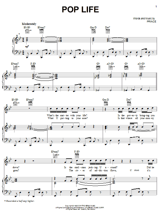 Preview Prince Pop Life Pop sheet music, notes and chords for Piano, Vocal & Guitar (Right-Hand Melody), SKU: 59570 sheet music, piano notes, chords, guitar tabs, score, transpose, transcribe, how to play, guide, download, learn, tutorial, progression, song, artist, awards, billboard, mtv, vh1, tour, single, album, release