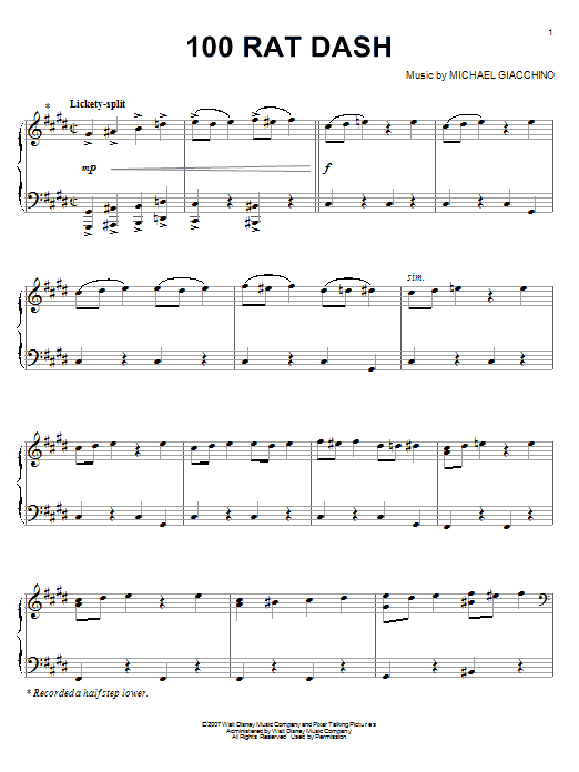 Preview Michael Giacchino 100 Rat Dash (from Ratatouille) Children sheet music, notes and chords for Piano, SKU: 59633 sheet music, piano notes, chords, guitar tabs, score, transpose, transcribe, how to play, guide, download, learn, tutorial, progression, song, artist, awards, billboard, mtv, vh1, tour, single, album, release
