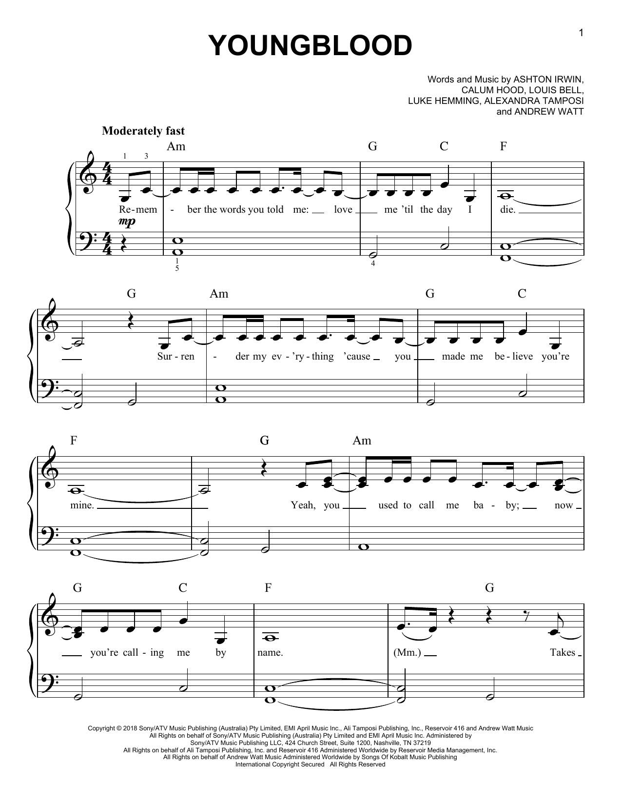 5 Seconds of Summer Youngblood sheet music notes and chords. Download Printable PDF.