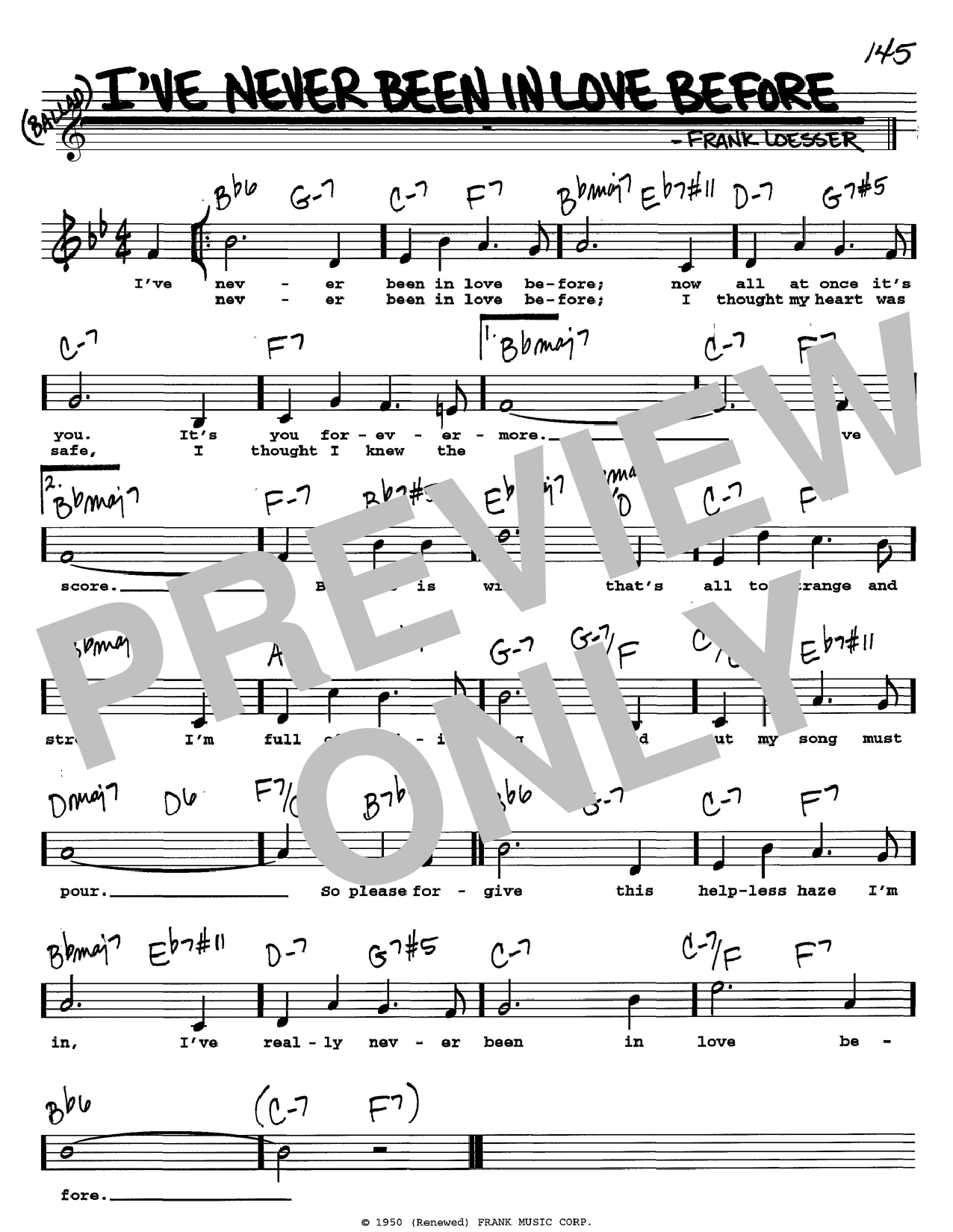 Preview Frank Loesser I've Never Been In Love Before Jazz sheet music, notes and chords for Real Book – Melody, Lyrics & Chords, SKU: 61194 sheet music, piano notes, chords, guitar tabs, score, transpose, transcribe, how to play, guide, download, learn, tutorial, progression, song, artist, awards, billboard, mtv, vh1, tour, single, album, release