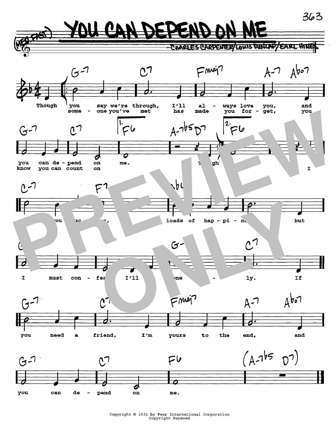 Preview Earl Hines You Can Depend On Me Jazz sheet music, notes and chords for Real Book - Melody, Lyrics & Chords - C Instruments, SKU: 61334 sheet music, piano notes, chords, guitar tabs, score, transpose, transcribe, how to play, guide, download, learn, tutorial, progression, song, artist, awards, billboard, mtv, vh1, tour, single, album, release