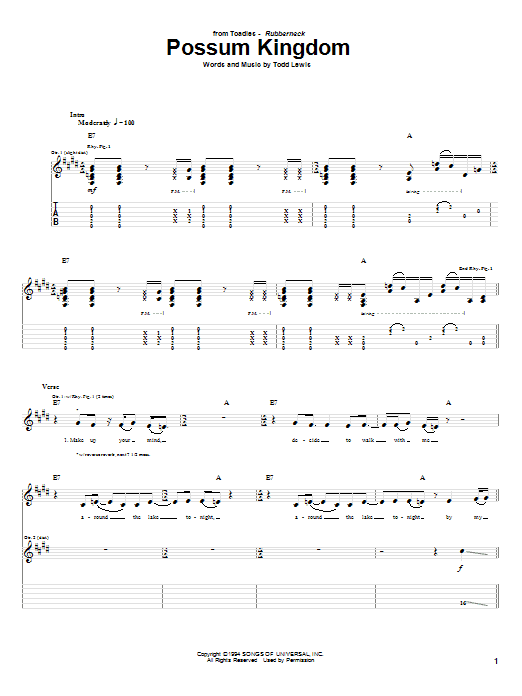 Preview Toadies Possum Kingdom Pop sheet music, notes and chords for Guitar Tab, SKU: 62303 sheet music, piano notes, chords, guitar tabs, score, transpose, transcribe, how to play, guide, download, learn, tutorial, progression, song, artist, awards, billboard, mtv, vh1, tour, single, album, release