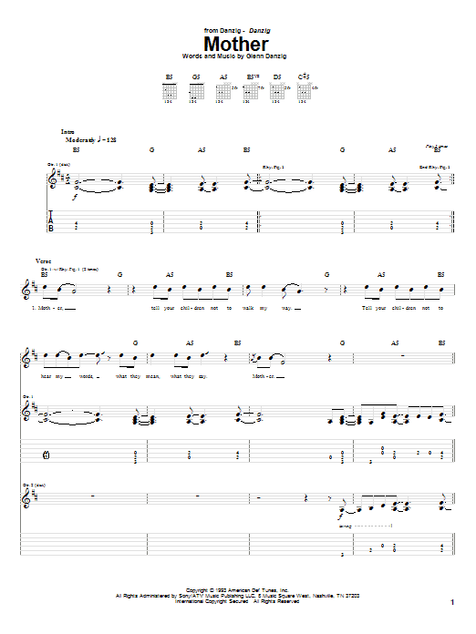 Preview Danzig Mother Pop sheet music, notes and chords for Guitar Tab, SKU: 62304 sheet music, piano notes, chords, guitar tabs, score, transpose, transcribe, how to play, guide, download, learn, tutorial, progression, song, artist, awards, billboard, mtv, vh1, tour, single, album, release