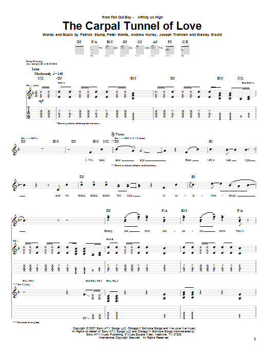 Preview Fall Out Boy The Carpal Tunnel Of Love Pop sheet music, notes and chords for Guitar Tab, SKU: 62308 sheet music, piano notes, chords, guitar tabs, score, transpose, transcribe, how to play, guide, download, learn, tutorial, progression, song, artist, awards, billboard, mtv, vh1, tour, single, album, release